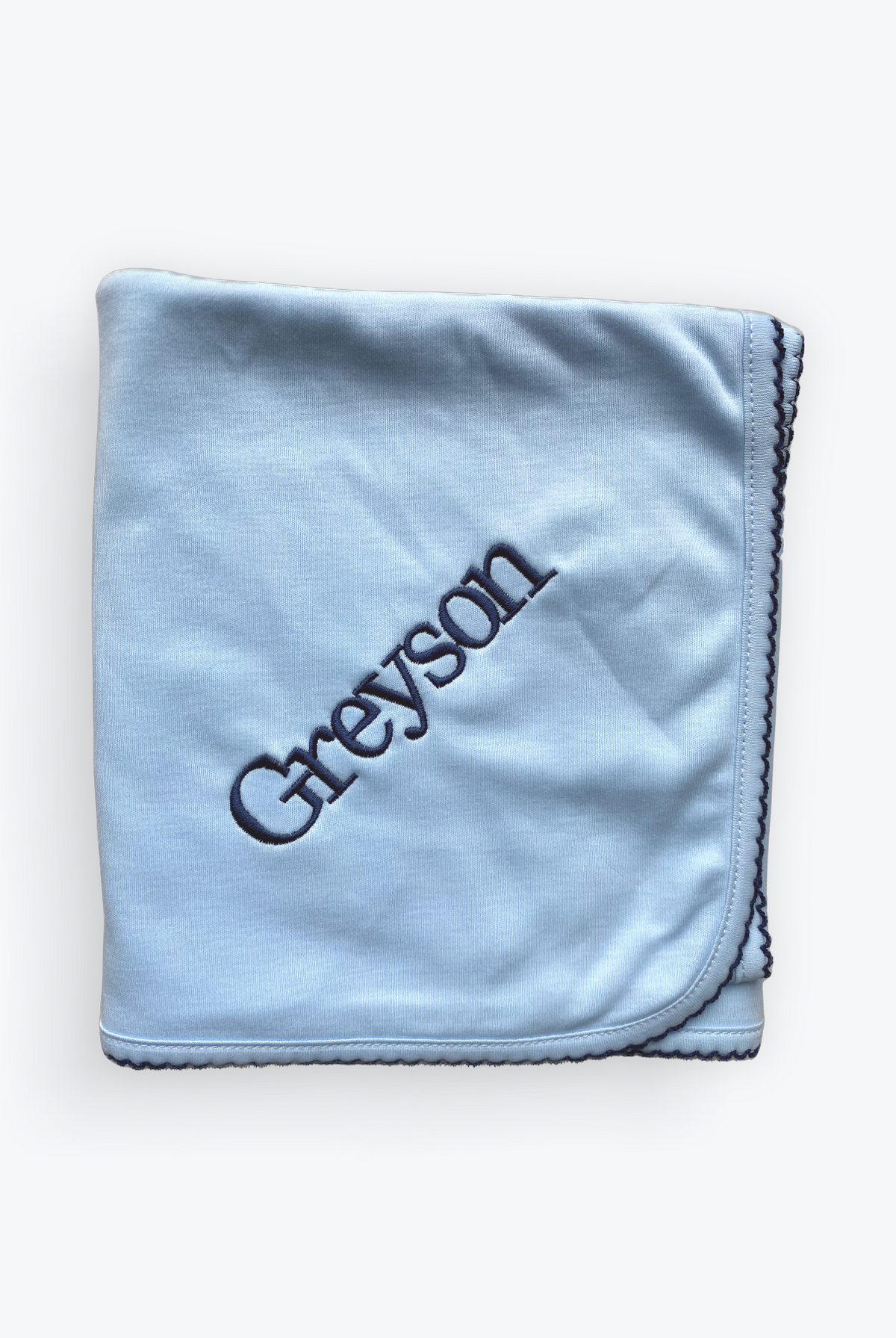 Personalized Blue Pima cotton baby blanket with navy trim by Cute as Buttons