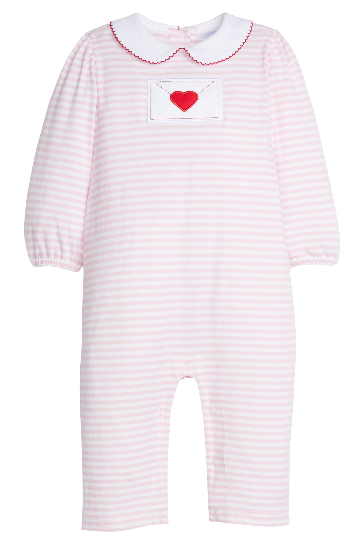 Love Letter Peter Pan romper by Little English in pink stripes with appliqué detai