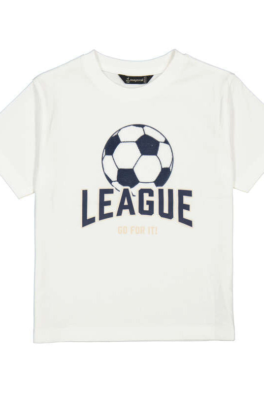 Mayoral boys white soccer league graphic tee with textured 3D soccer design
