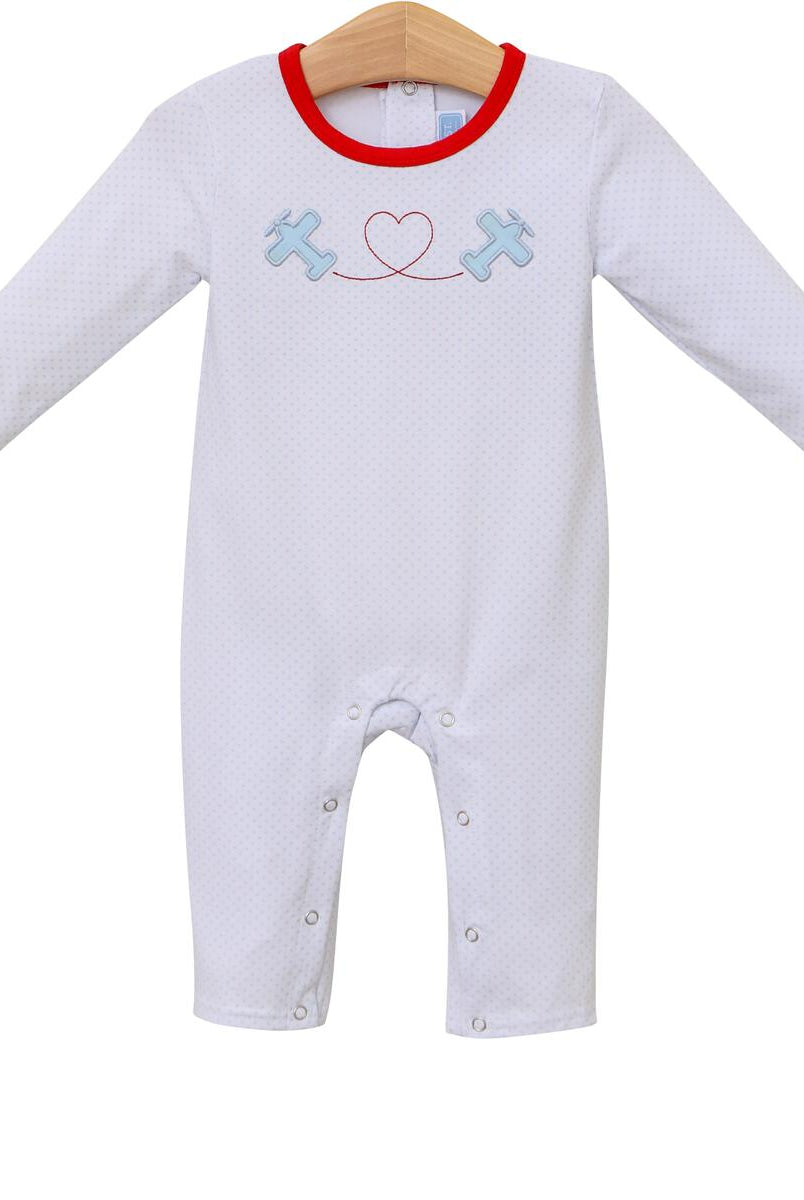 Trotter Street Kids romper with airplane embroidery
