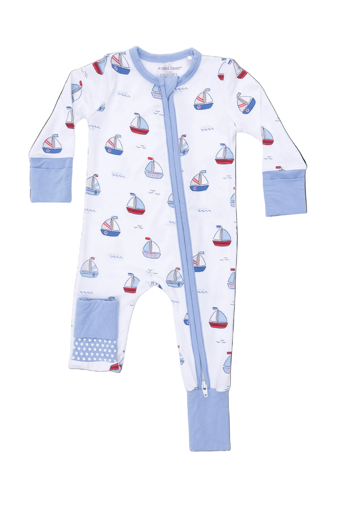 Angel Dear Bubbly Sailboats blue bamboo baby romper with 2-way zipper