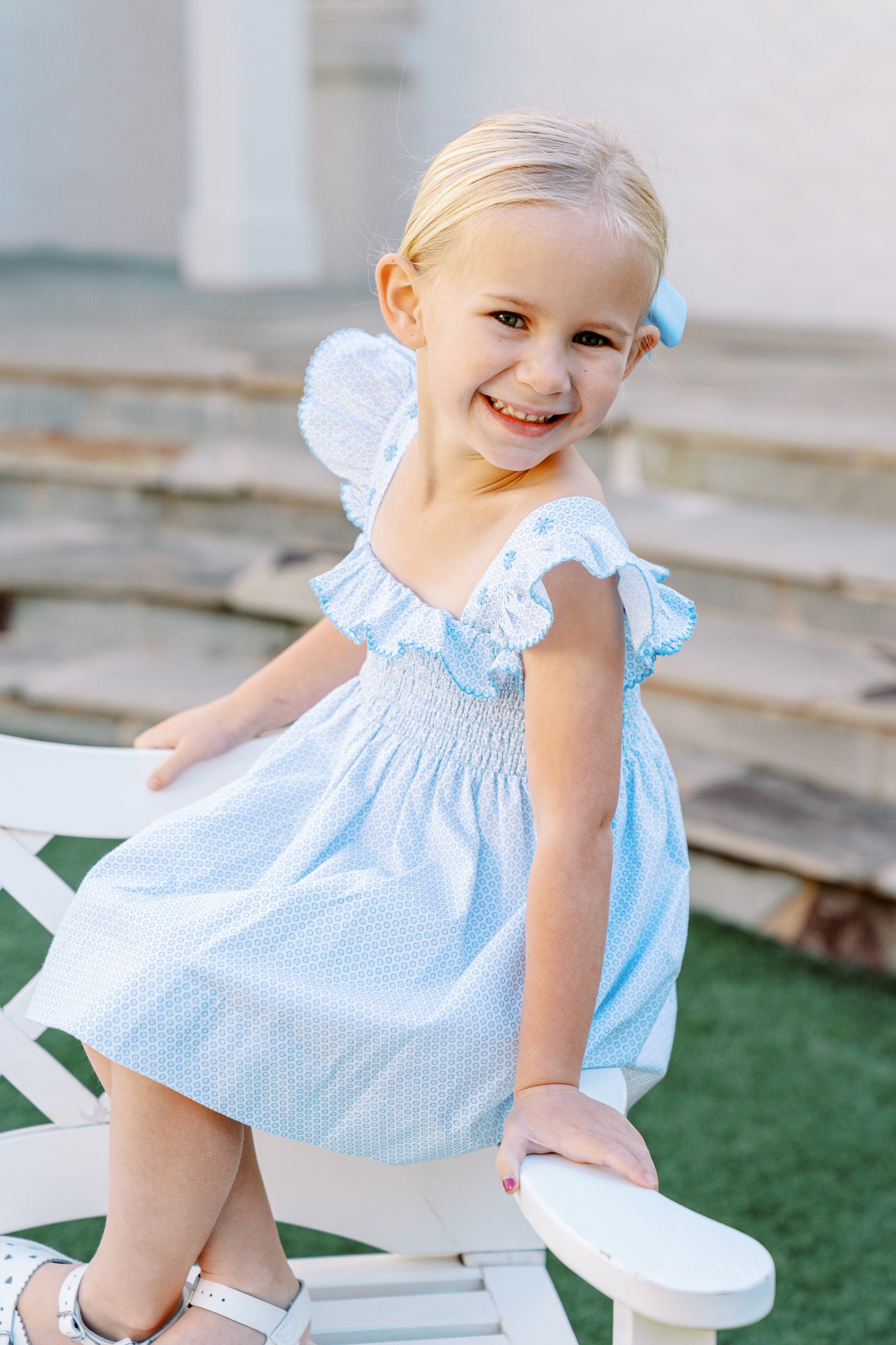 Rosemary Dress Blue and White Floral by the Proper Peony