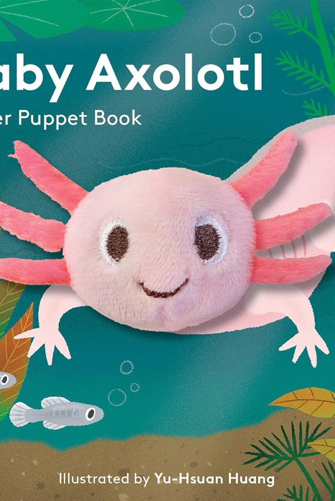 Baby axolotl finger puppet chunky board book by Chronicle Books - interactive book for babies / Cute as Buttons