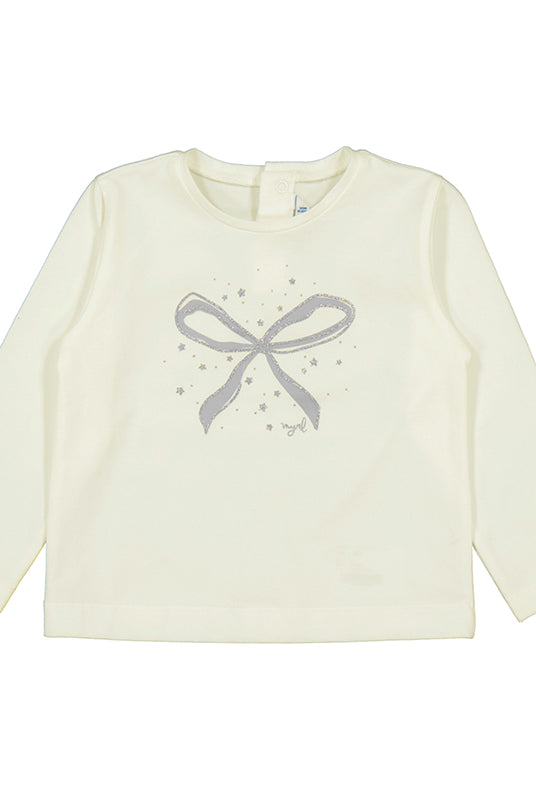 Toddler girl cream long sleeve bow shirt with silver accents