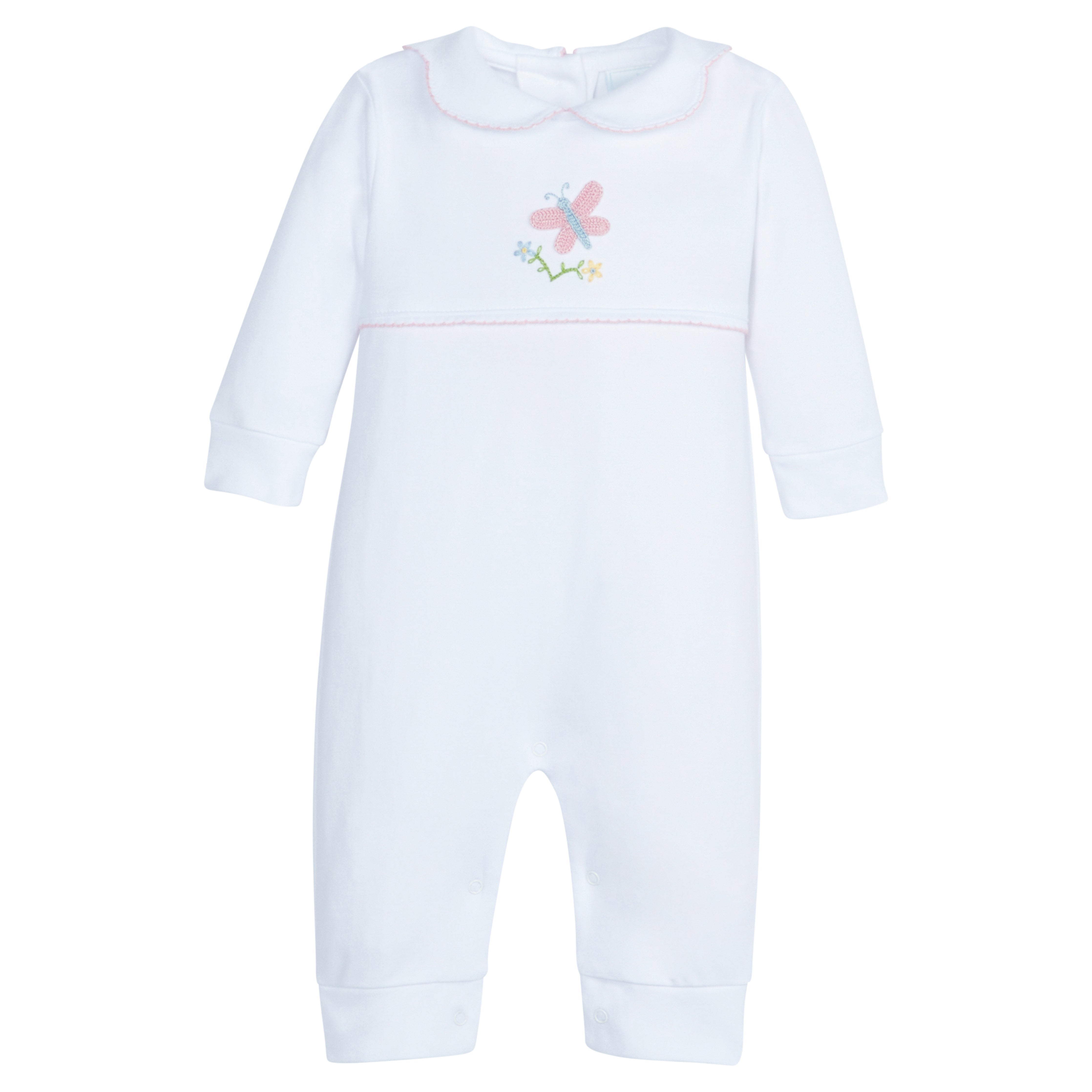 Little English baby girl Pima cotton romper with crochet butterfly detail
