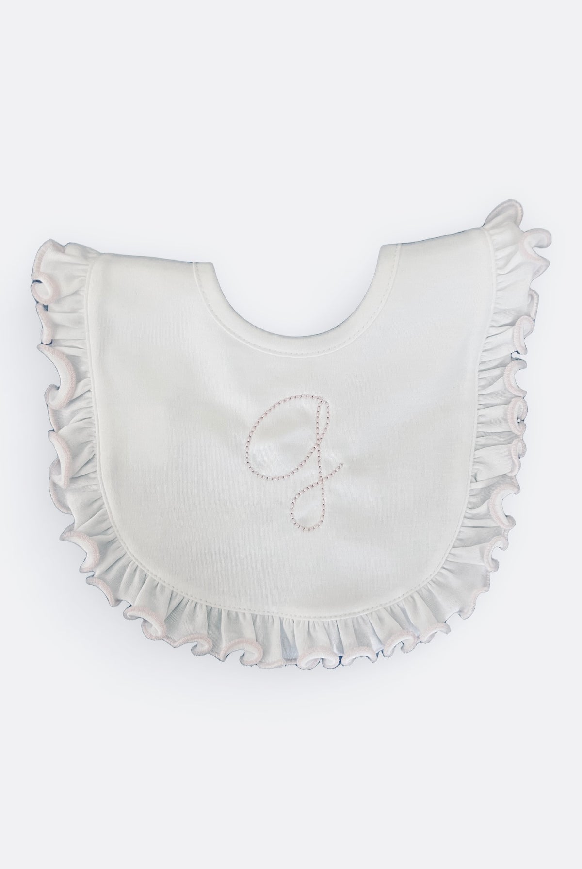 Personalized White Pima Cotton Ruffle Bib with single initial