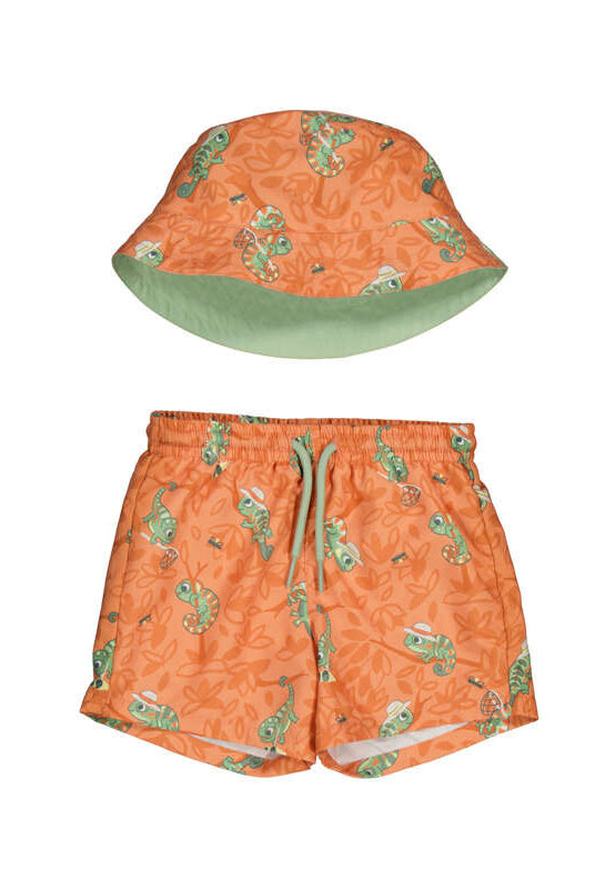 Mayoral boys orange lizard swim trunks with matching sun hat