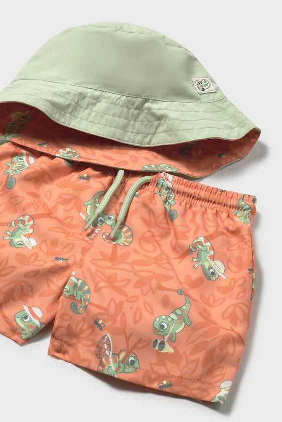 Mayoral Lizard Swim trunks and hat closeup