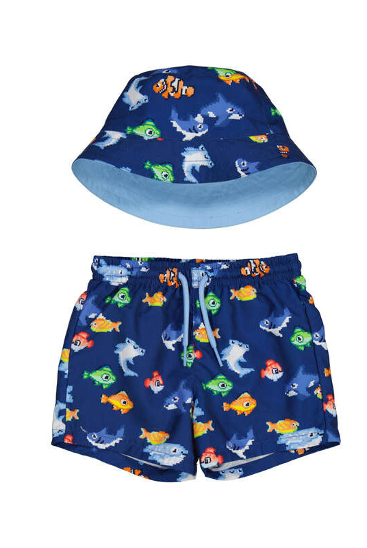Mayoral boys navy fish print swim trunks with matching hat