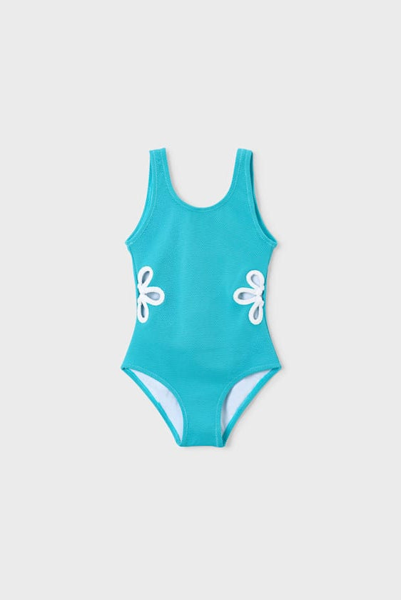 Mayoral girls pacific blue one piece swimsuit with flower cutouts