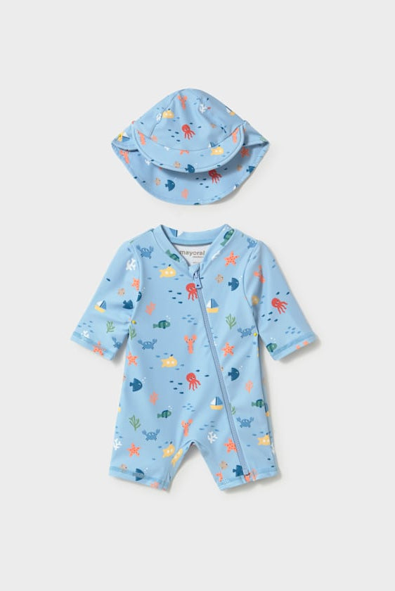 Mayoral Blue Ocean romper swimsuit with hat for baby boys