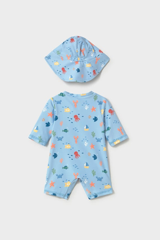 Baby boys blue ocean swimsuit set with matching sun hat