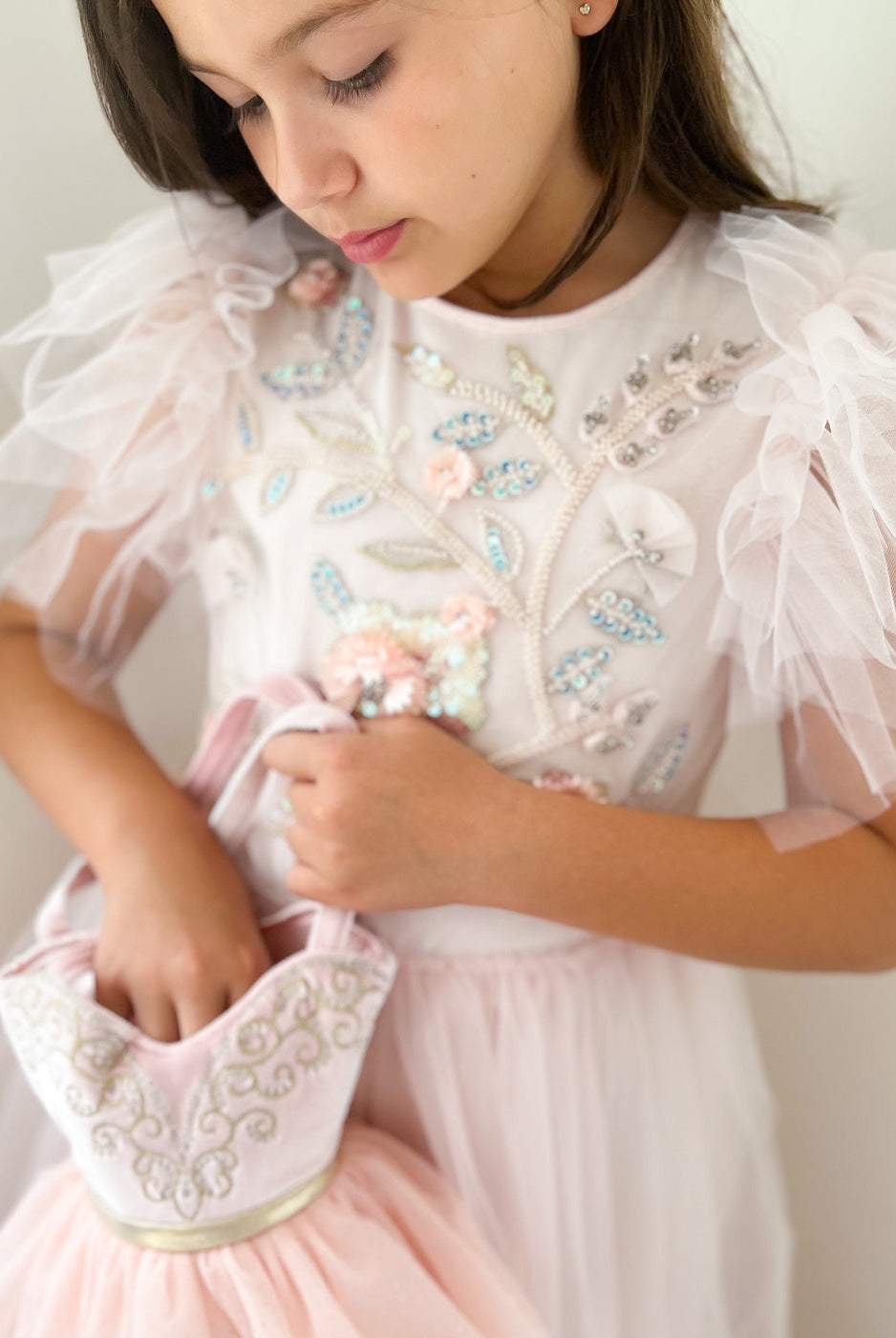 Mon Ami ballerina purse - side view showing pink tutu and ballet theme