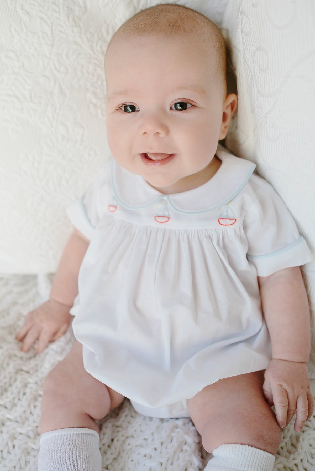 little English, london bubble, sailboat embroidery, baby boy clothing