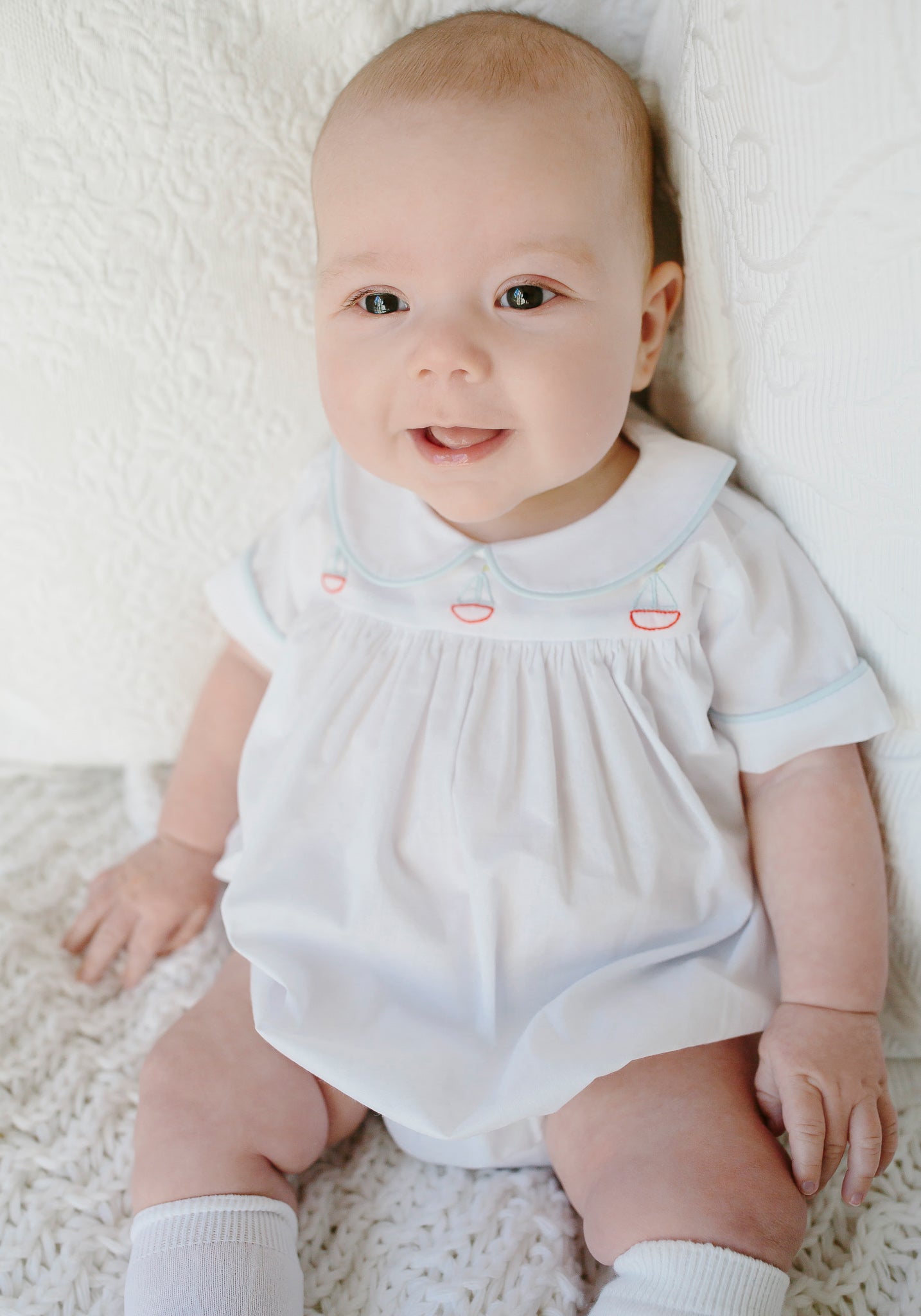 little English, london bubble, sailboat embroidery, baby boy clothing