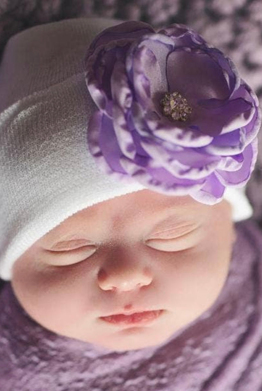 newborn hospital hat, newborn photo shoot ideas, purple flower beanie, hospital hat, newborn hats,