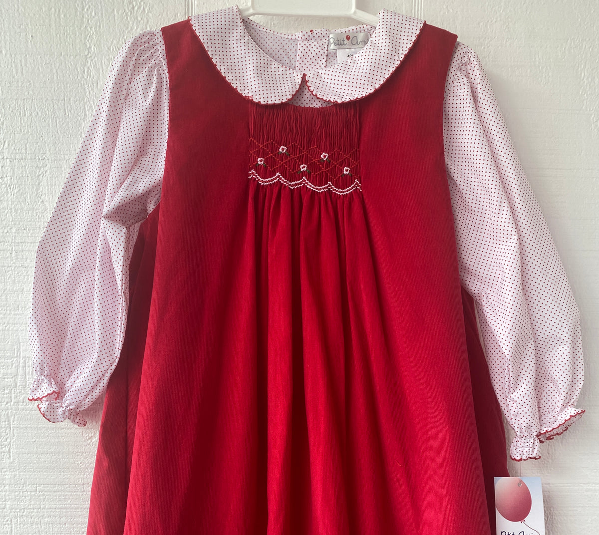 petit ami, red corduroy jumper, christmas dress for girls, best baby boutique, classic childrens clothing, christmas outfit for girls