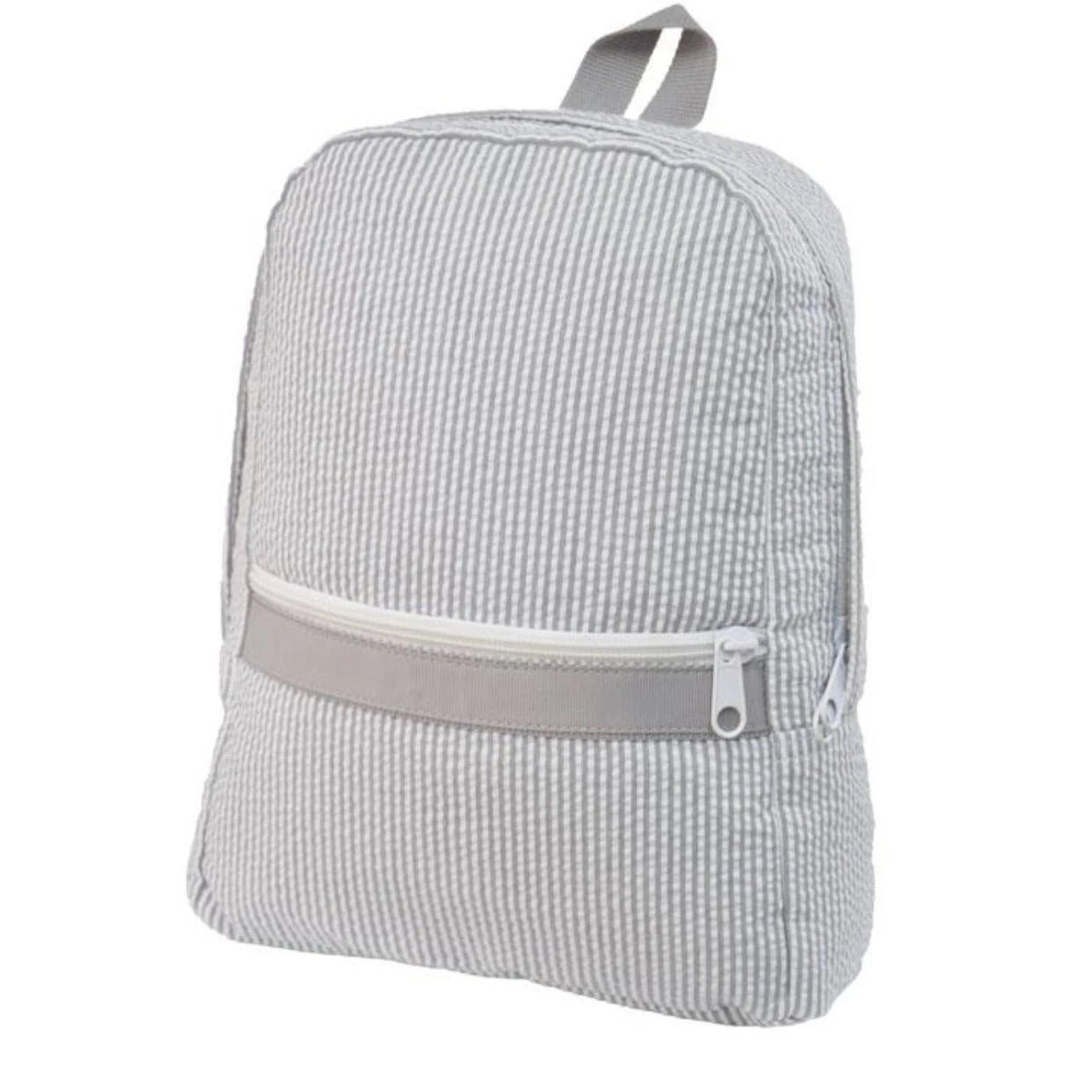 oh mint, grey seersucker small backpack, baby backpack, oh mint retailer, seersucker backpack for kids, monogrammed backpack, best baby boutique