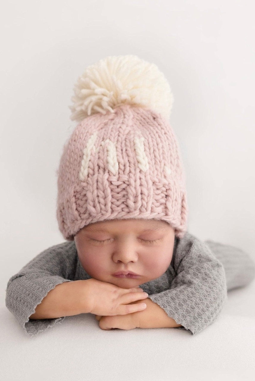 newborn hospital hat, hi knit hat, hat with hi, pom pom hat for baby, cute baby hat, newborn photo prop, newborn photos, baby girl hat
