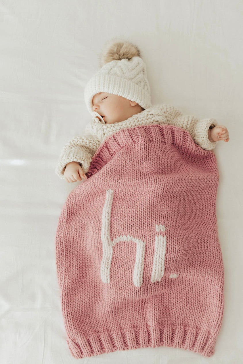 hi knit baby blanket, newborn hopsital pic blanket, baby blanket, cute newborn photo ideas, Hi. Rosy Pink Knit Blanket