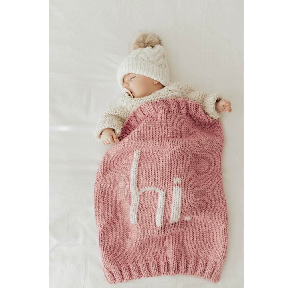 hi knit baby blanket, newborn hopsital pic blanket, baby blanket, cute newborn photo ideas, Hi. Rosy Pink Knit Blanket