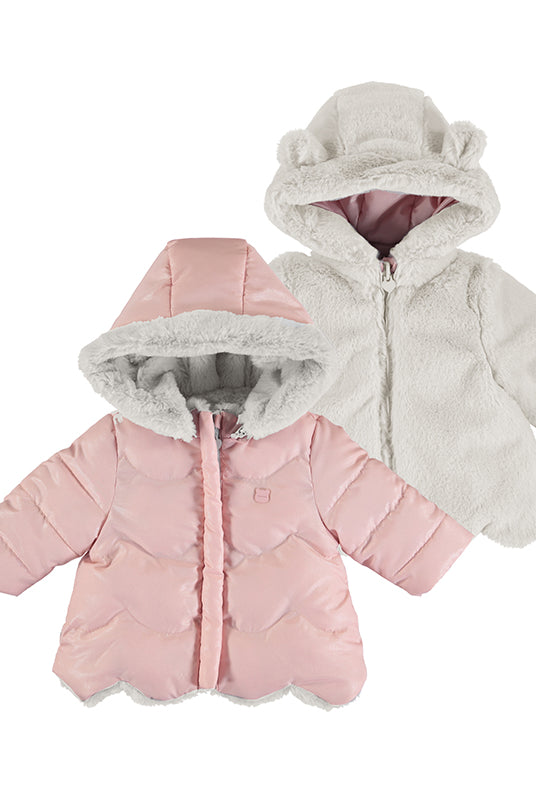 Girls reversible puffer jacket with faux fur by Mayoral - 2-in-1 quilted and plush jacket for toddlers / Cute as Buttons