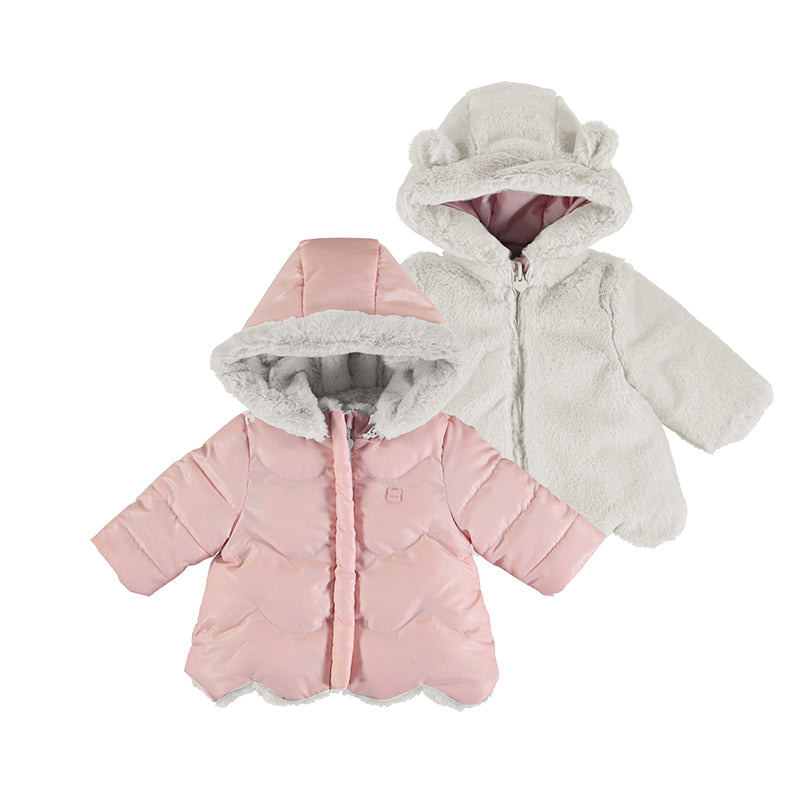 Girls reversible puffer jacket with faux fur by Mayoral - 2-in-1 quilted and plush jacket for toddlers / Cute as Buttons