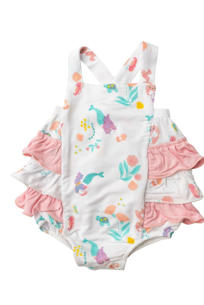 angel dear, riffle bubble, mermaid sunsuit, cute baby girl clothing
