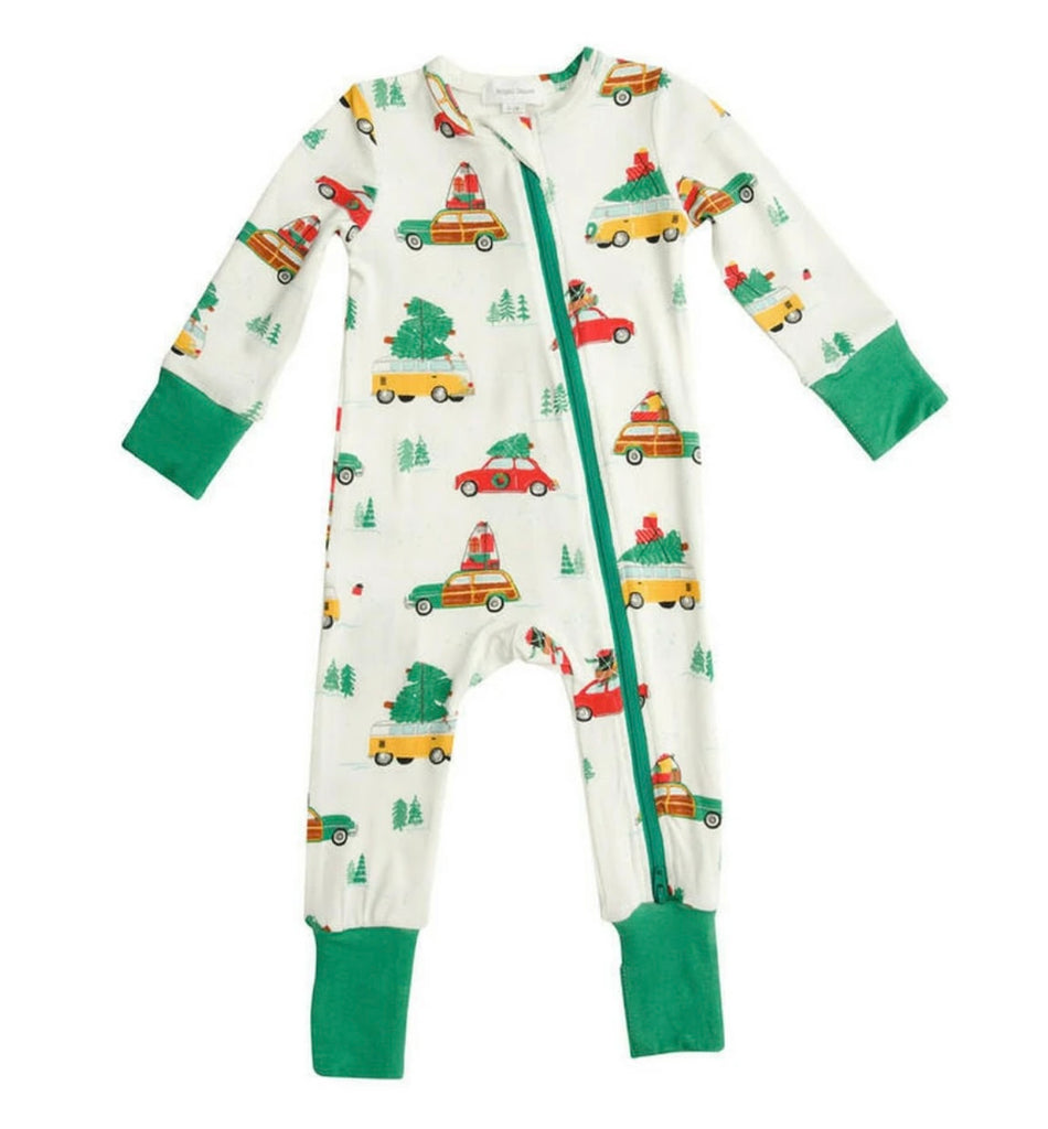 angel dear, trees on cars, christmas jammies, christmas pajamas, christmas baby romper, xmas jammies, vintage cars and christmas trees baby clothing, best baby boutique, baby gift