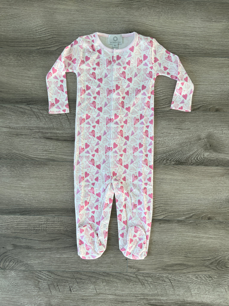 the proper peony, hearts footed romper, baby girl clothing, valentine outfit, best baby boutique, classic childrens clothing, cute girl clothes, baby girl clothing, baby girl valentine outfit