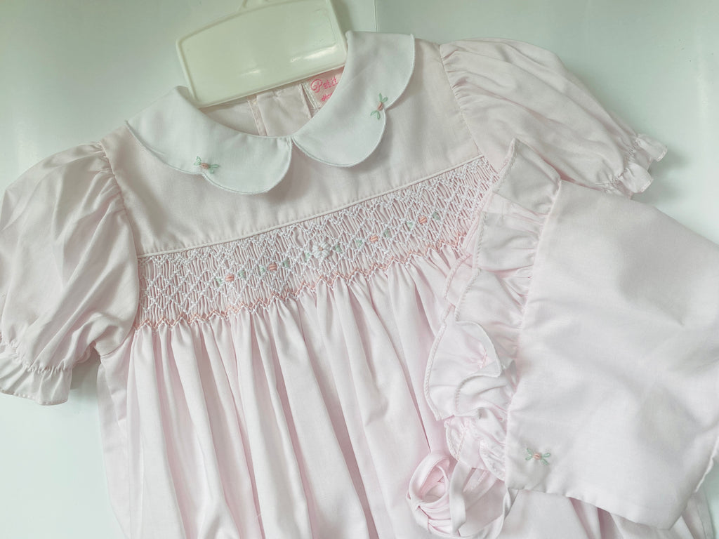 petit ami, smocked pink bubble, baby bonnet, classic childrens clothing, best baby boutique, smocked bubble for girls