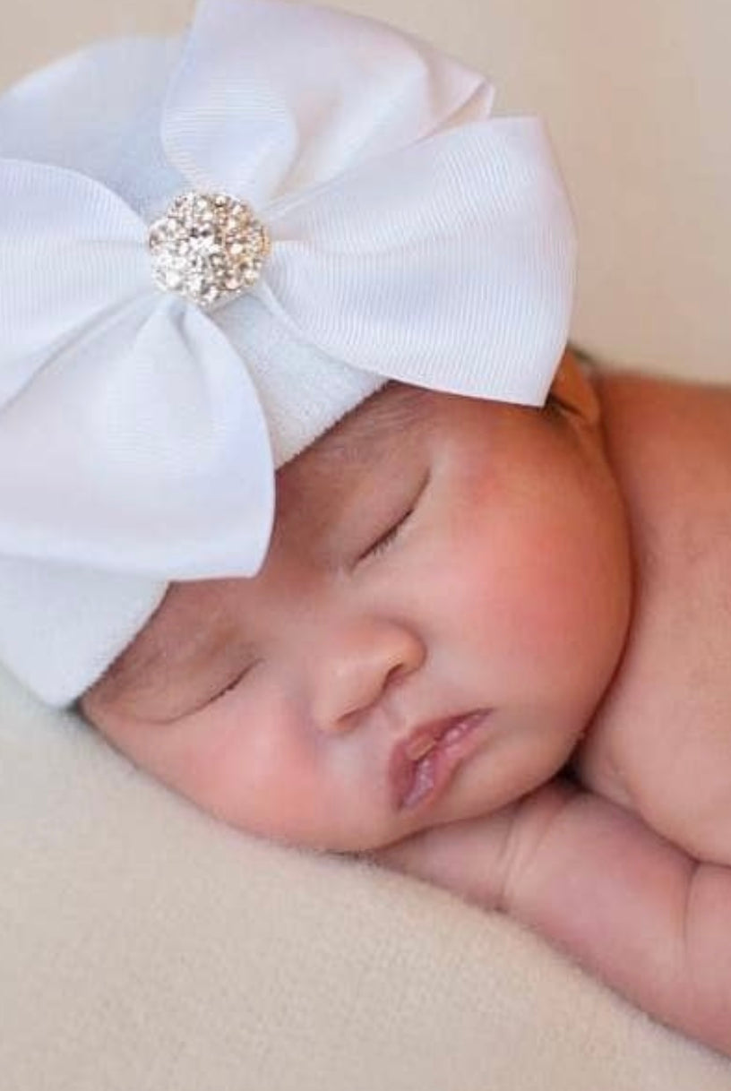 snow white hospital hat, baby hat, newborn photo prop, newborn baby beanie, bow hat, baby gift, hospital hat, baby boutique