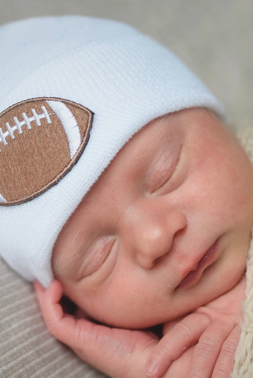 newborn hospital hat, football beanie, baby goft, newborn photo prop, baby boy newborn hospital hat, baby boutique, baby boy clothing, baby boy take home outfit