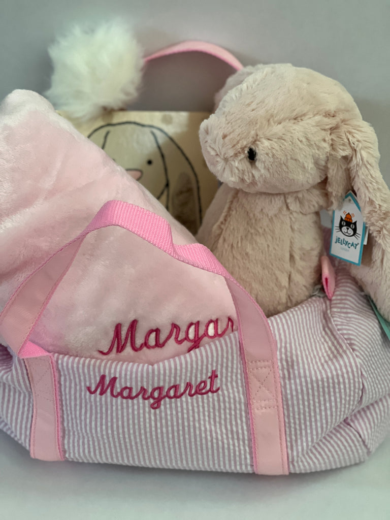 monogrammed baby gift, baby duffel bag, oh mint retailer, jellycat retailer, best baby gift