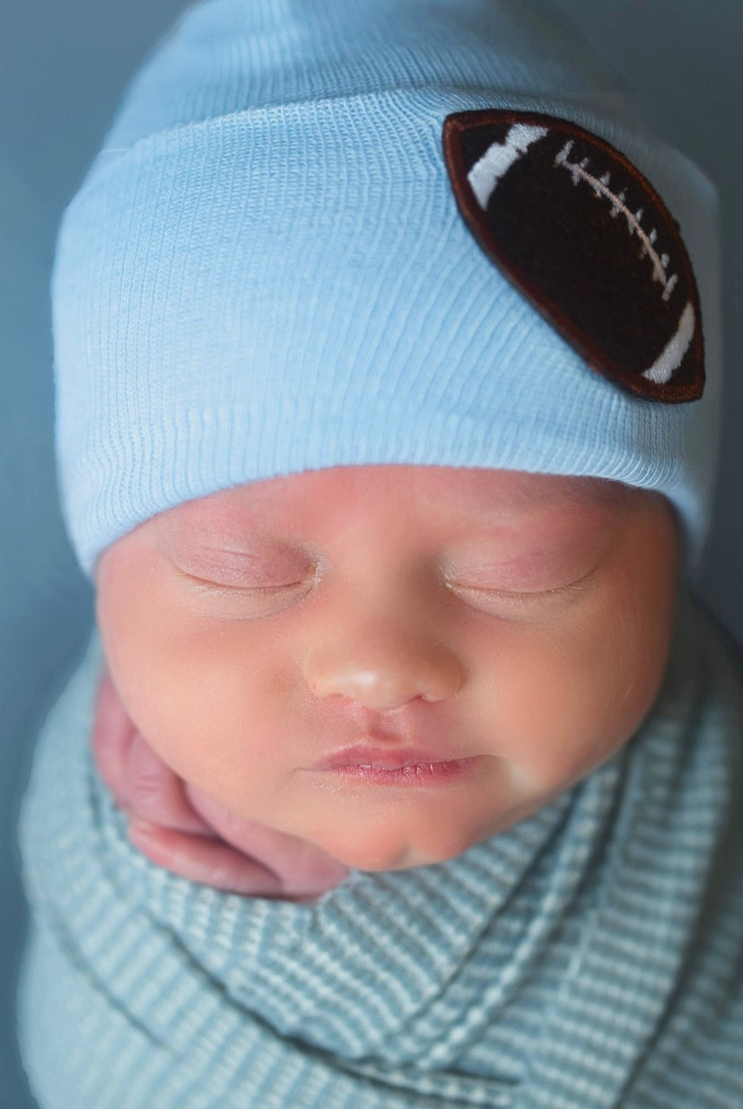 newborn hospital hat, baby boy hospita hat, football hospital hat, baby boutique, newborn photo prop, cute newborn photo idea, baby boy football beanie, football theme hat, baby boy clothing