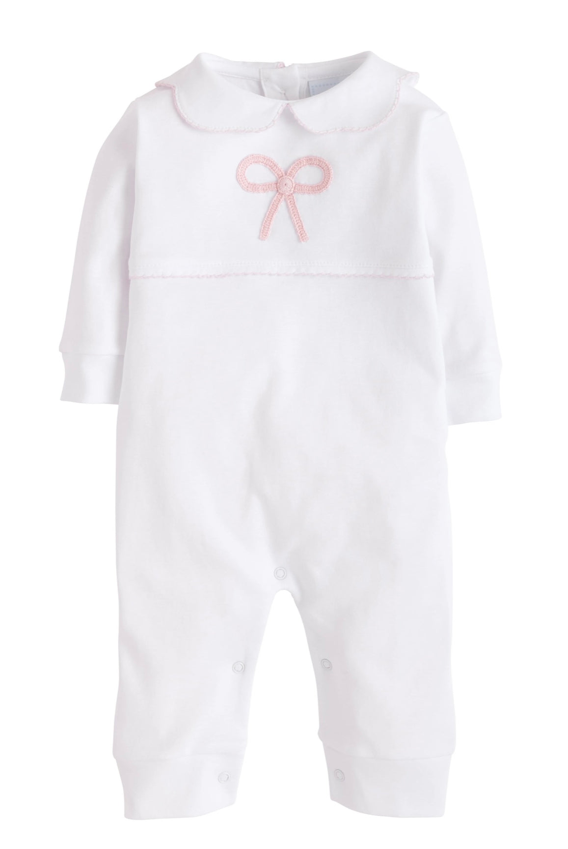 little english, classic childrens clothing, bow playsuit, bow romper, pima cotton baby clothing, bow crochet baby outfit, best baby store