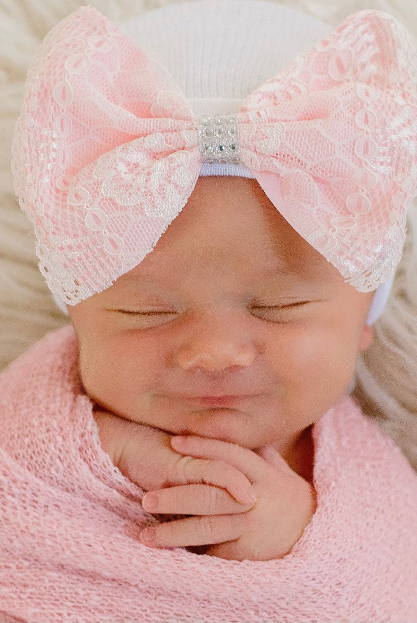newborn hospital hat, best baby boutique, lace bow hospital hat, newborn photo prop, bow beanie for baby girl, baby beanie, lace bow hat