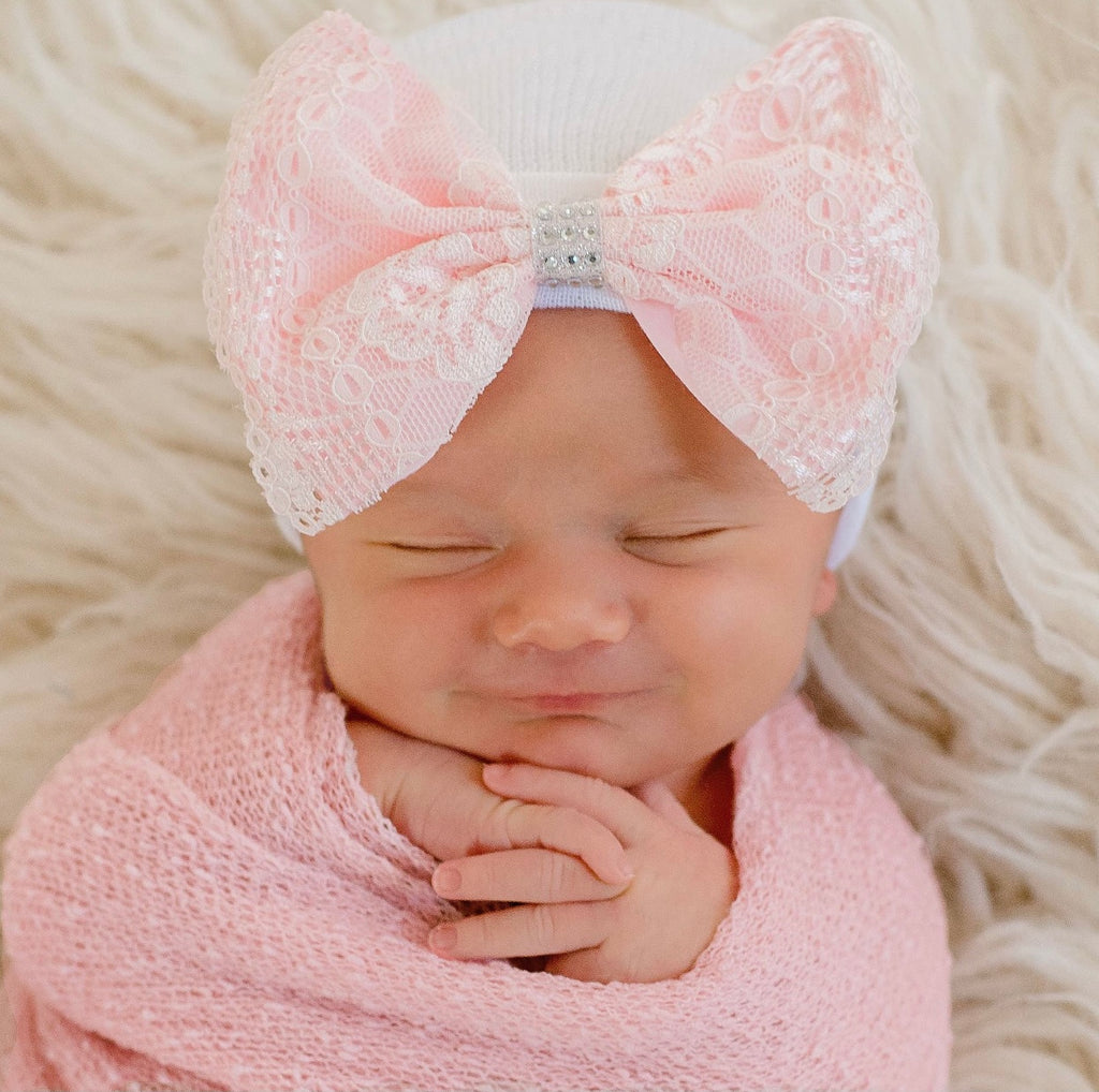 newborn hospital hat, best baby boutique, lace bow hospital hat, newborn photo prop, bow beanie for baby girl, baby beanie, lace bow hat