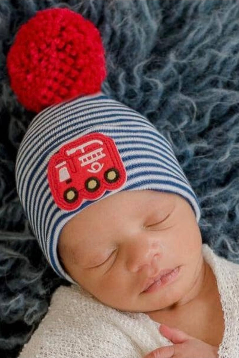 newborn hospital hat, baby boy newborn hat, newborn photo prop, cute photo idea for newborn boy, fire truck, baby boy firetruck beanie, baby boutique, baby boy clothing, newborn photography