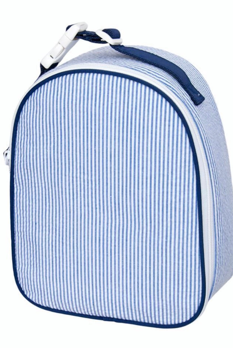 oh mint, lunchbox, monogrammed lunch box, personalized lunch box, navy seersucker lunchbox, gumdrop,