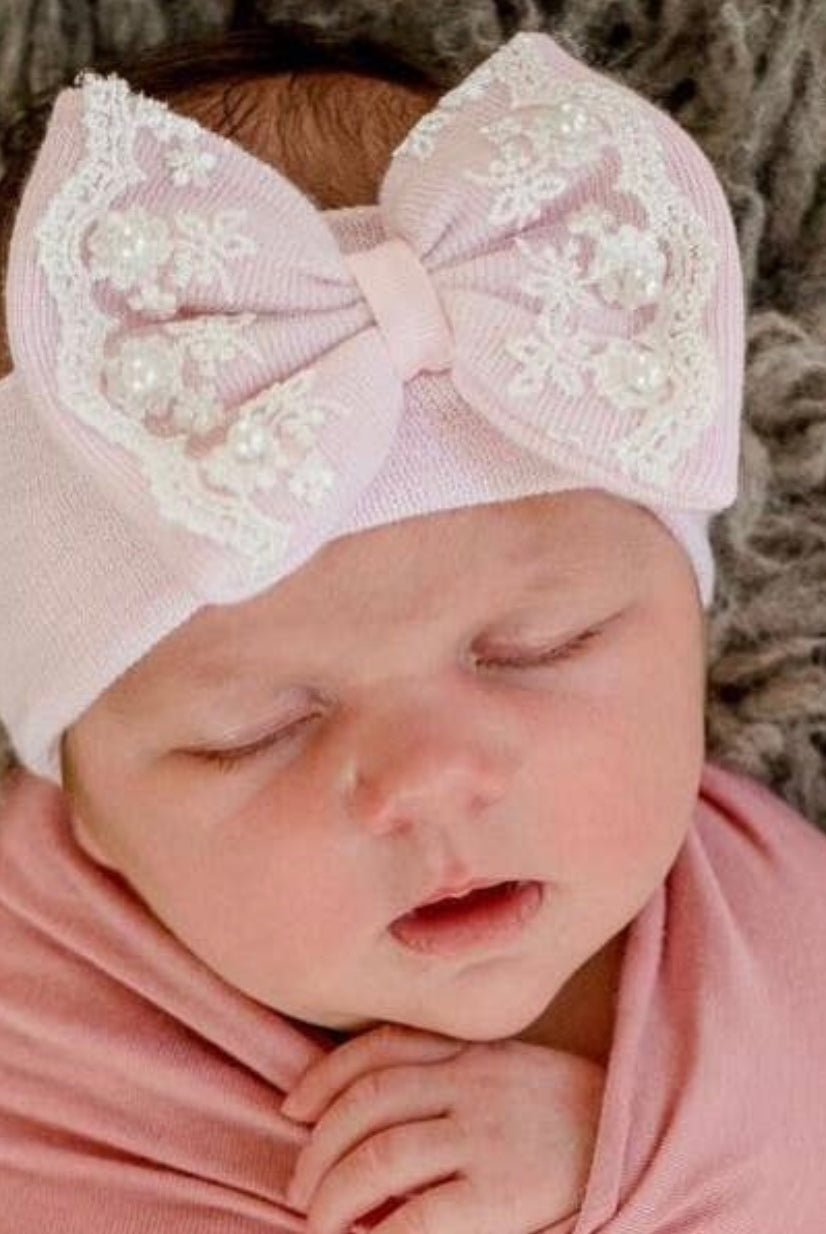 newborn headband, lace and pearl bow headband, baby girl headband, newborn photo prop, newborn photography