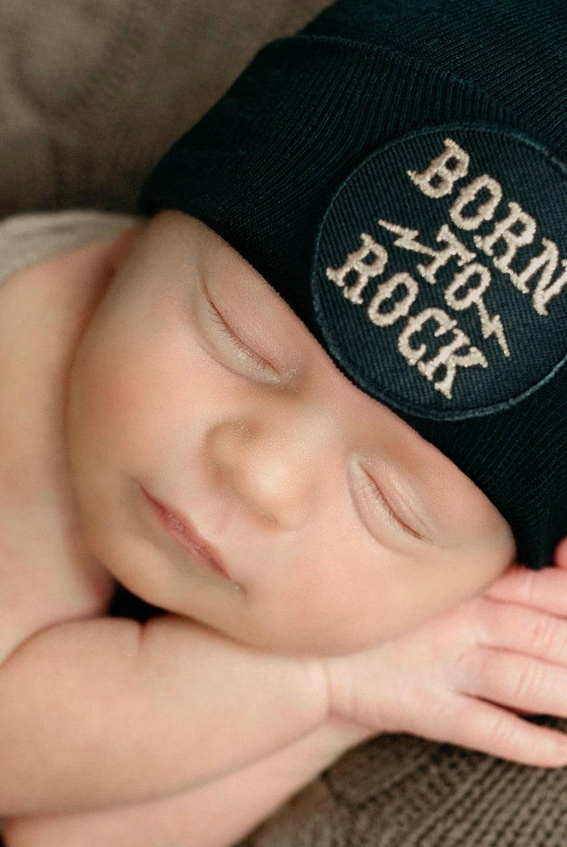 born to rock, newborn hospital hat, baby boy beanie, newborn photography, baby boutique, black newborn hat, boy clothing, newborn clothing,