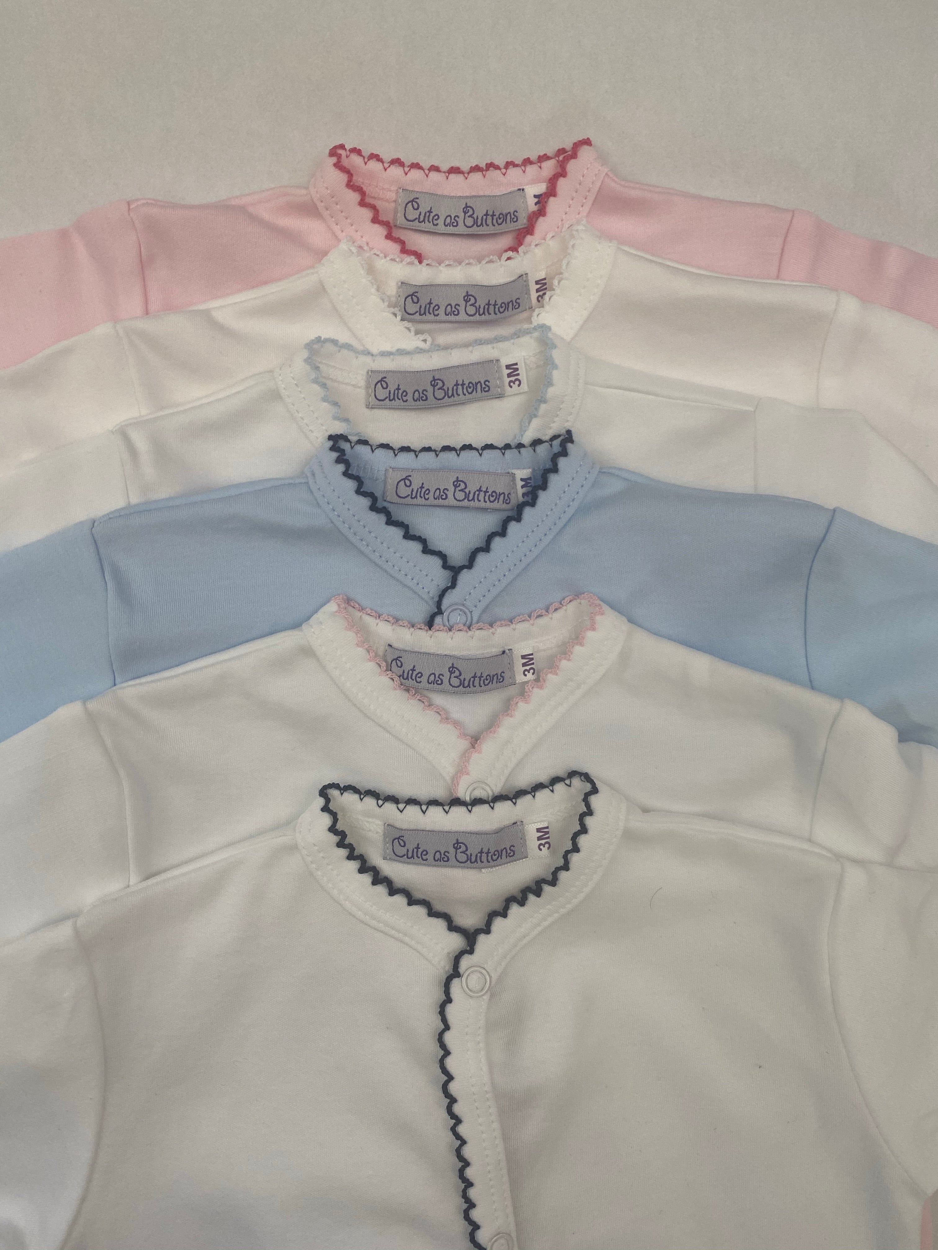 cute as buttons layette, baby footies, pima cotton footies, baby boutique, newborn clothing