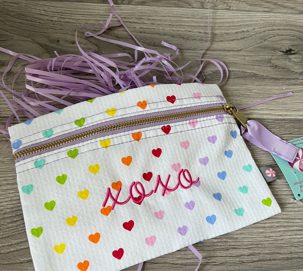 oh mint, tiny hearts seersucker, cosmo bag, pencil case, monogrammed gift, baby gift, valentines gift