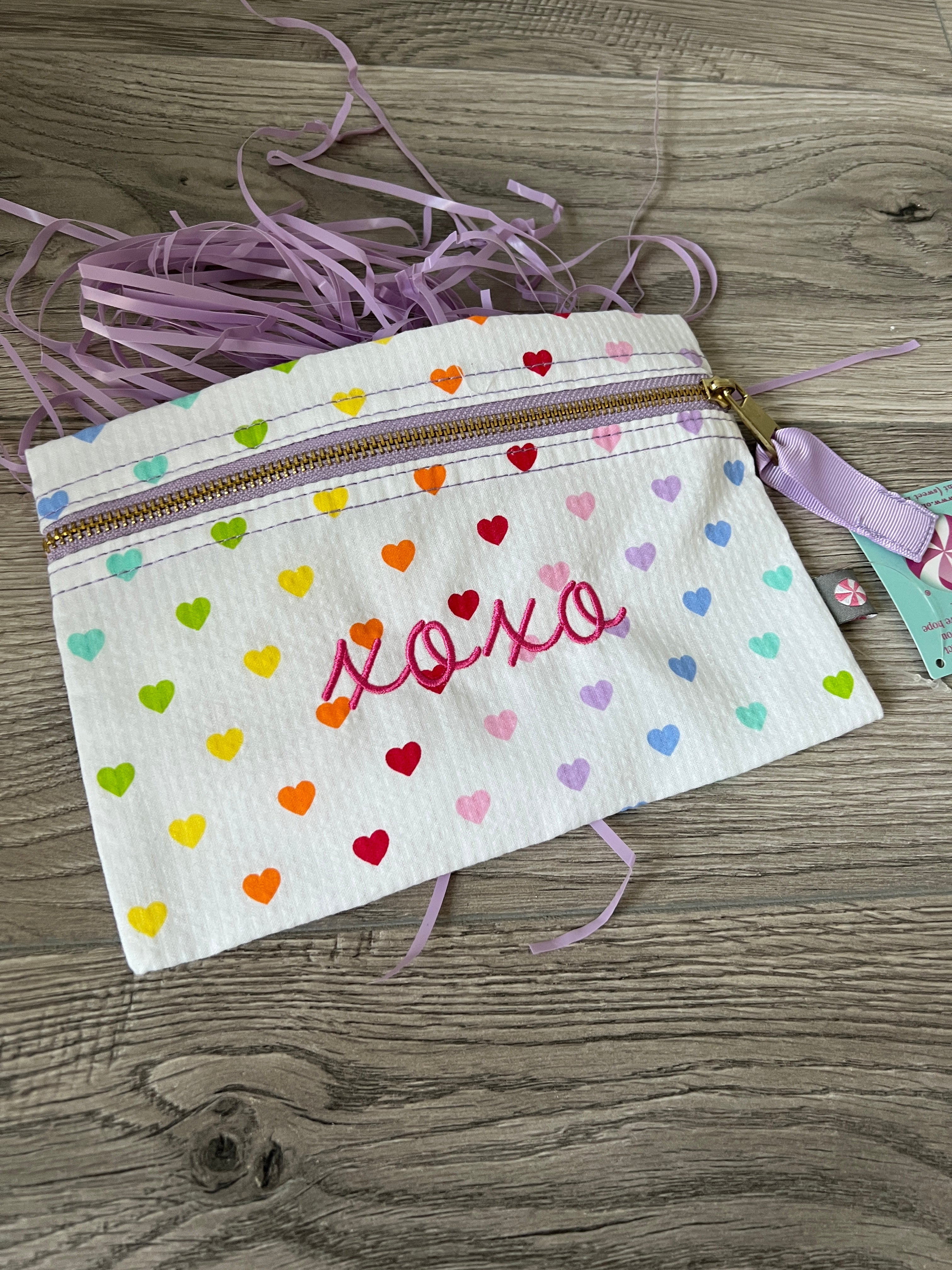 oh mint, tiny hearts seersucker, cosmo bag, pencil case, monogrammed gift, baby gift, valentines gift