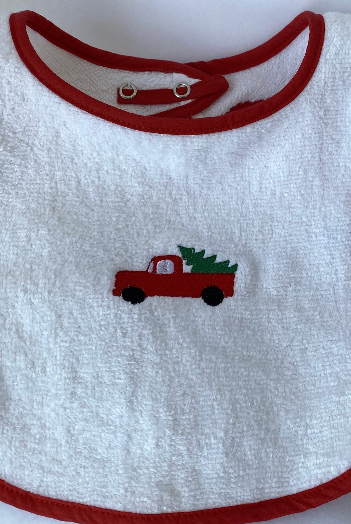 christmas bib, first christmas, baby gift, unique baby gift, best baby gift, baby chrsitmas gift, best baby boutique, embrodiered bib, baby bib, red truck and tree bib, sweet baby gift