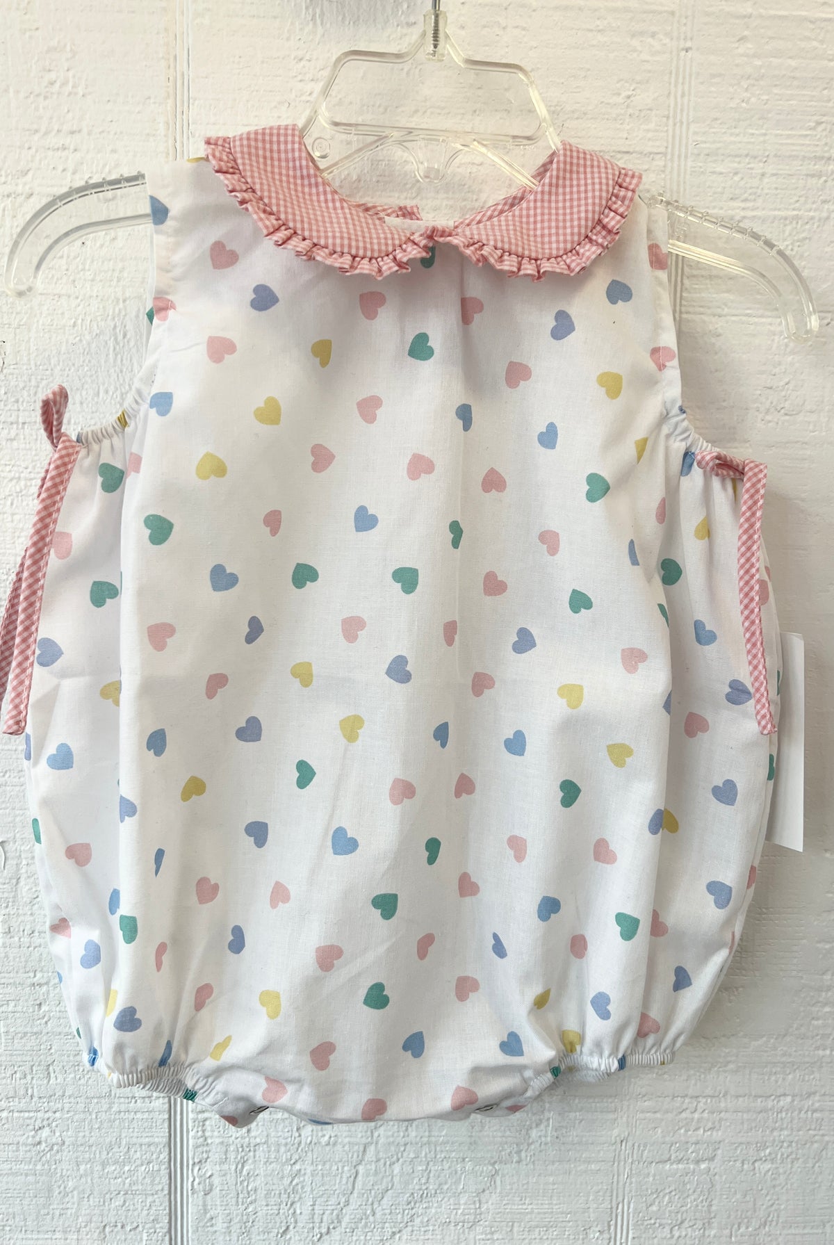 lulu bebe, heart print sleeveless bubble, lulu bebe retailer, cute baby girl clothing, heart bubble, adorable baby girl bubble