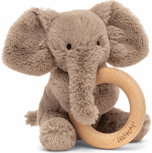 jellycat, jellycat retailer, smudge elephant wooden ring toy, best baby boutique, wooden ring rattle, elephant toy