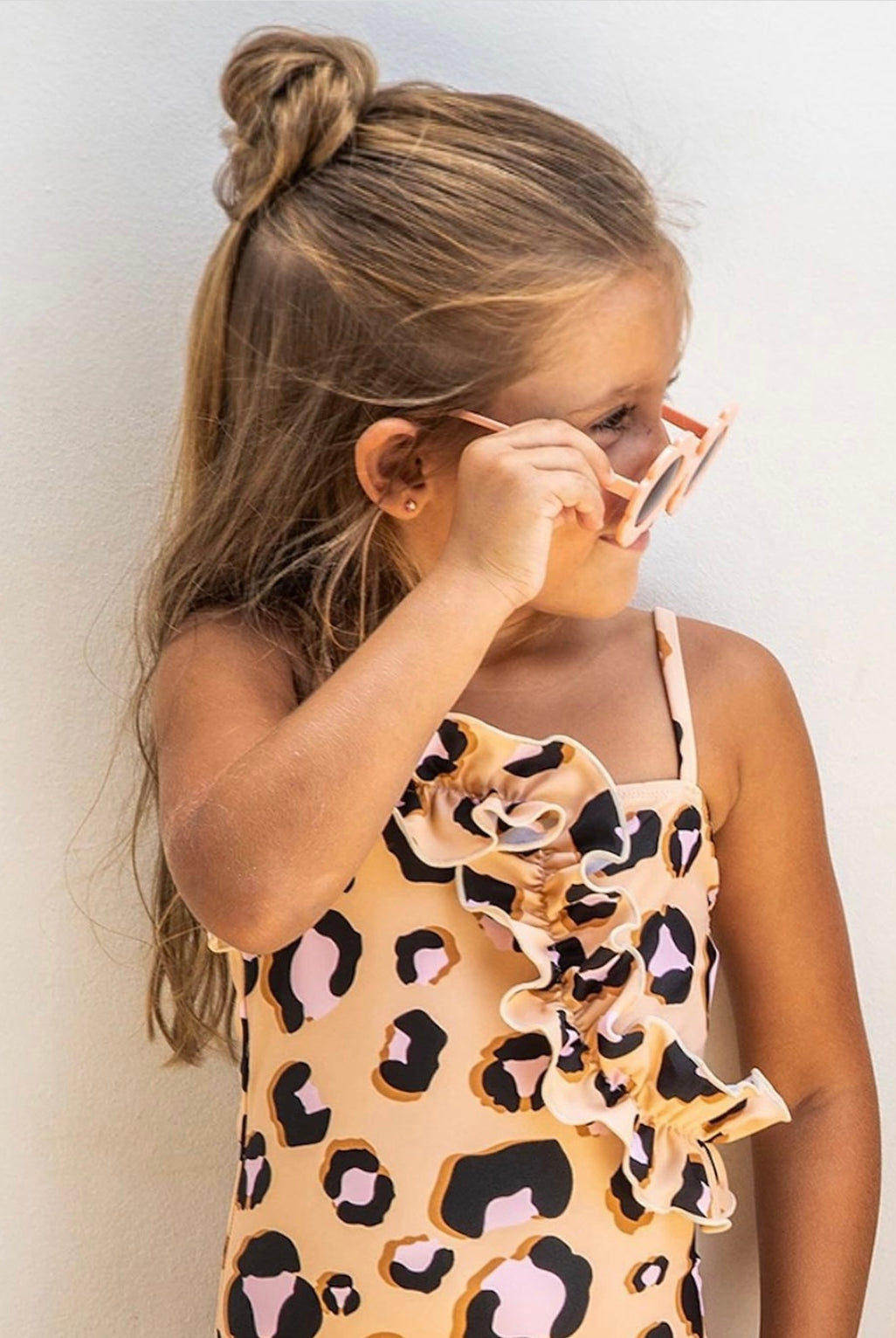 Girls Leopard Print Ruffle One-Piece Swimsuit on Model