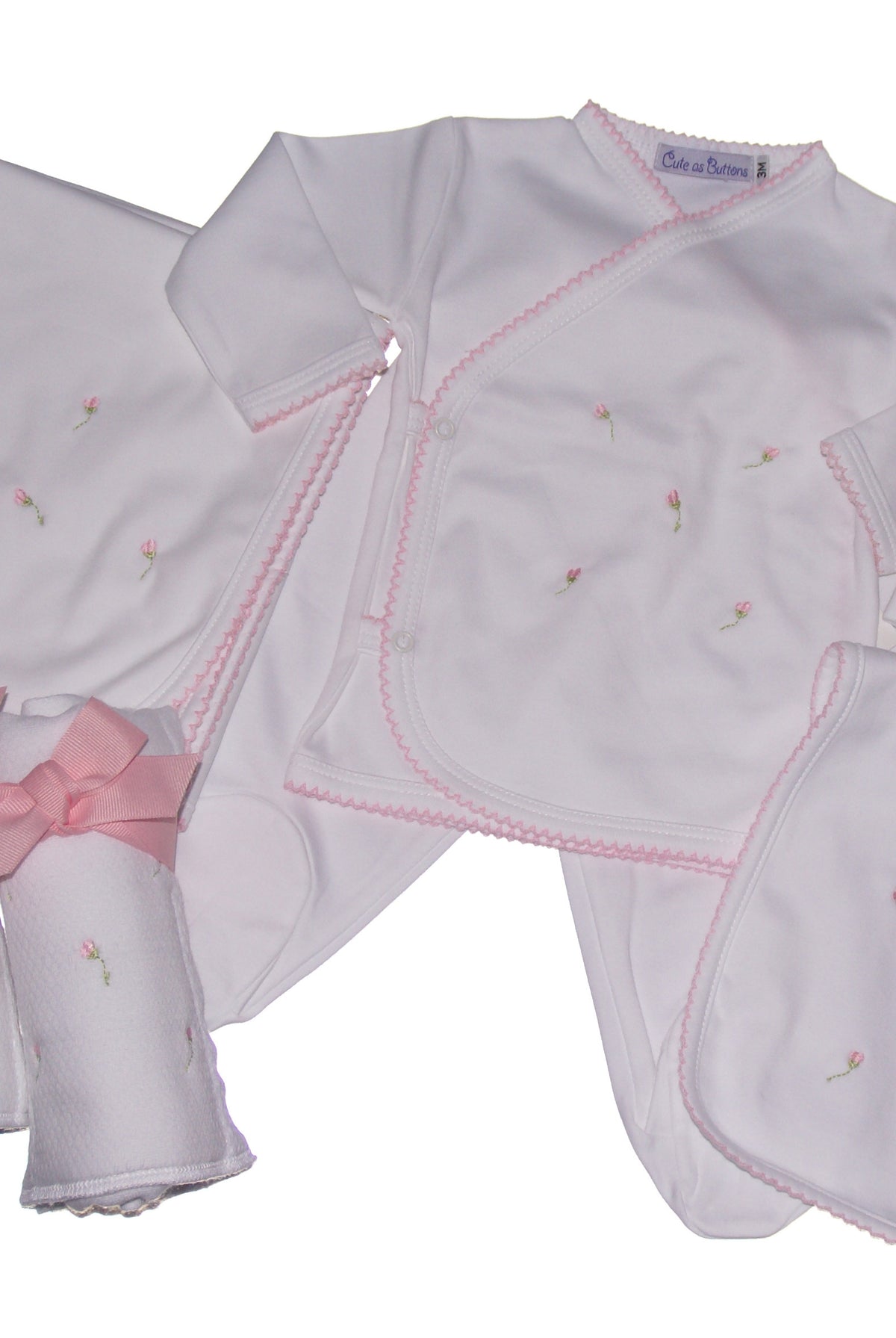pima layette, baby girl clothing, newborn take me home outfit, rosebud clothing, baby girl blanket, rosebud bib, luxury layette